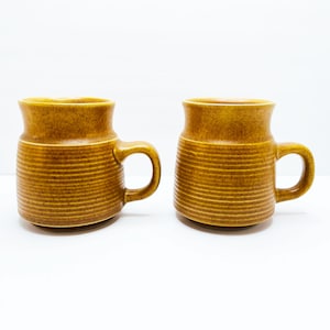 Vintage Denby Langley Beaker Mug Made in England, Canterbury Pattern in Burnt Yellow Colour, Discontinued Stoneware Pottery Coffee Mugs