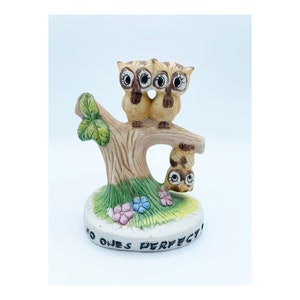 Vintage Ceramic Owls Figurine Hand Painted 3 Owls in a Tree No One&#39;s Perfect Kitsch Whimsical 1970 Owl Collectable Anthropomorphic