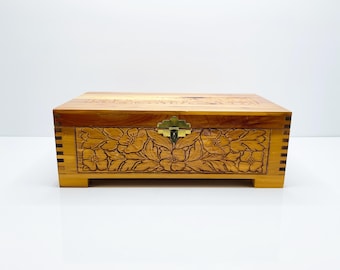 Vintage Swiss Carved Wood Jewelry Box: Floral Design, Thorens Movement