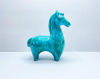 Vintage Keramik Pferdefigur | Bitossi Stil MCM Keramik | Türkisfarbene Glasur | Mid Century Modern Dekor