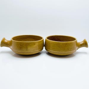 Set of 2 Vintage Studio Art Pottery Bowls | Mid-Century French Onion Stoneware Pottery Bowls | MCM Soup Bowls with Handles