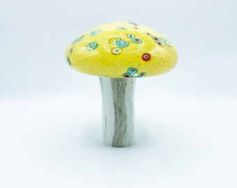 Vintage Millefiori Hand Blown Yellow and Marbled Art Glass Mushroom Paperweight Colourful Collectible Art Glass