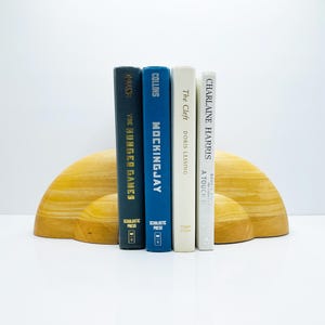 Vintage MCM Wood Bookends: Curved Blonde Wood with Brass