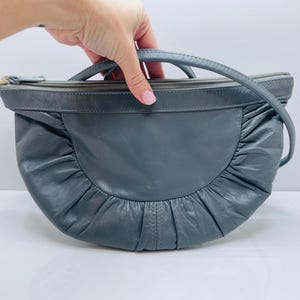 Vintage 80s Brixton Vancouver Grey Leather Half-Moon Purse | Crescent Shoulder Bag with Removable Strap | Minimalist Retro Style Crossbody