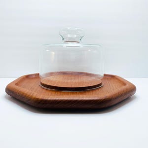 Vintage MCM Teak Wood Serving Tray with Glass Dome, Mid Century Modern Cheese Board, Cracker Tray, Boho or MCM Décor
