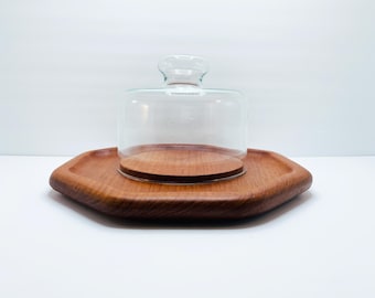 Vintage MCM Teak Wood Serving Tray for Cheese & Crackers with Glass Dome | Gailstyn-Sutton Thailand