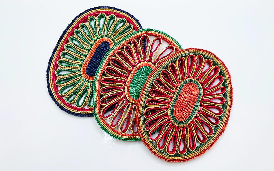 Vintage Colorful Rattan Trivets (set of 3) | Boho Mid Century Hot Pads ...