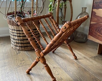 Vintage Spindled Wood Magazine Rack | MCM Record Album Holder | Turned Wood Newspaper Stand with Brass Hardware