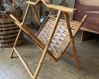 Vintage Bamboo Rattan Folding Magazine Rack | Mid-Century Woven Basket Magazine Holder | Boho Foldable Newspaper Stand
