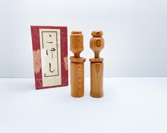 Vintage Japanese Minimalist Kokeshi Doll Pair | Hand-Carved Wooden Man & Woman Figurines | Original Box