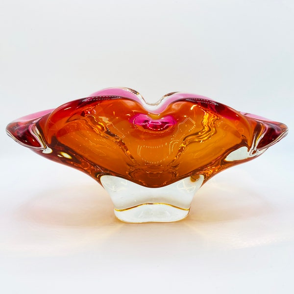 Vintage Chribska Glass Bowl Ashtray Designed by Josef Hospodka Pink and Orange Hand blown Art Glass Czech Bohemian Centrepiece Mid Century