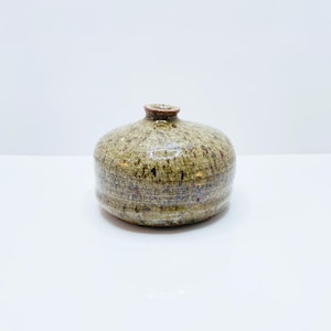 Puede incluir: Un pequeño jarrón de cerámica redondo con una superficie texturizada y moteada en tonos marrones, verdes y dorados. El jarrón tiene una abertura estrecha en la parte superior y un borde ligeramente más oscuro. La forma general es compacta y orgánica.