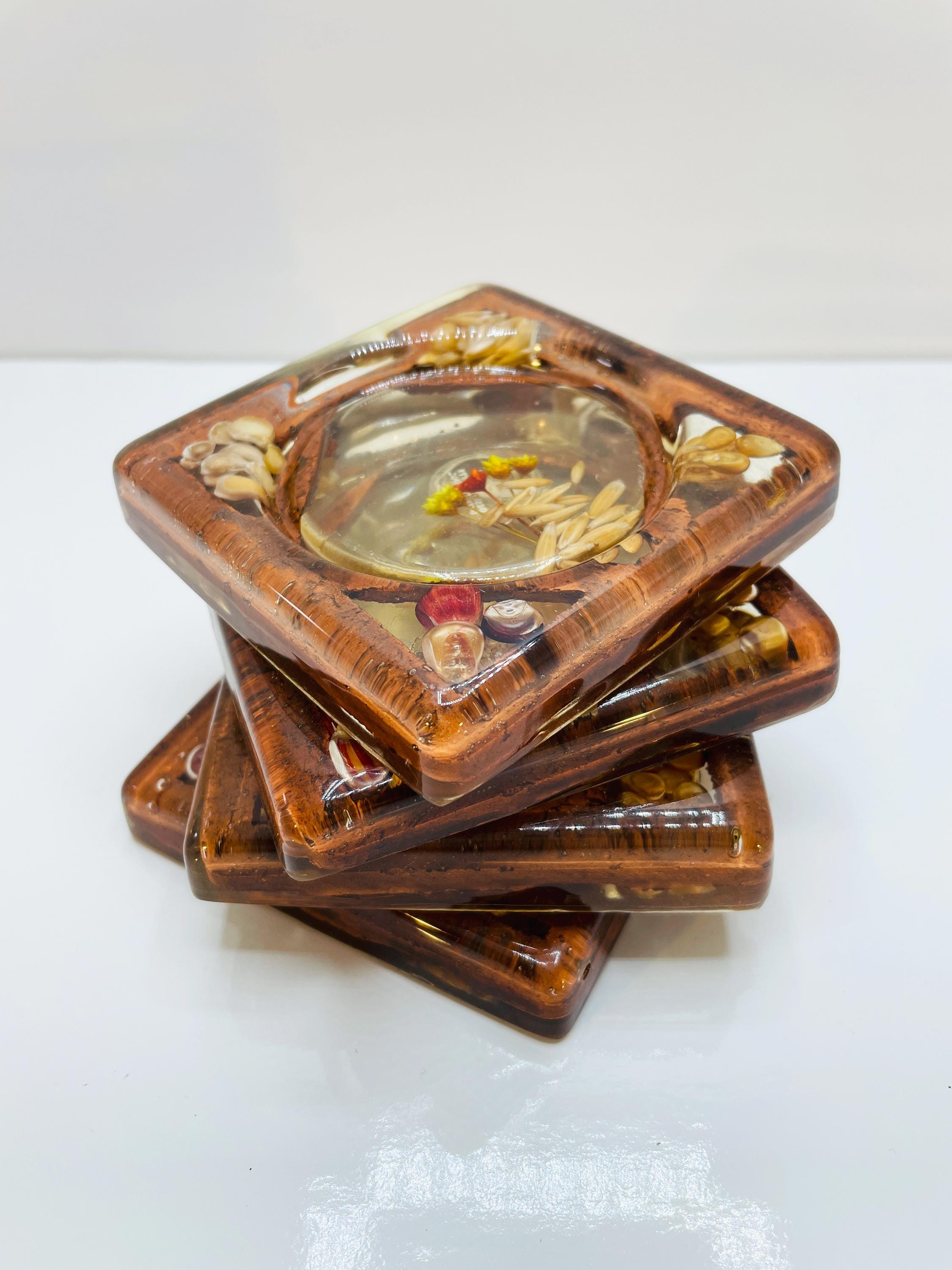 Vintage Lucite Coaster with Seeds, Dried Flowers and Grains in Resin, Retro Mid Century Kitchen, Vintage Barware, Decor MCM Style