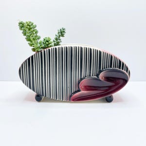 Vase coussin vintage en poterie Royal Windsor | Motif d'énigme art déco | Noir Rose Ivoire | Spaulding 1945-1955 | Jardinière succulente