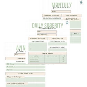 Printable Sobriety Planner and Tracker Pack: Daily, Monthly, and Annual Goal Setting for Recovery