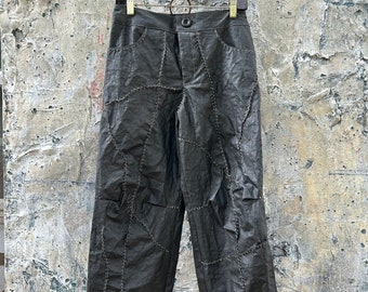 Black Coating Cotton Cracking Seems and Hand Stitch Design Pants