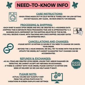 Informational graphic with care instructions, processing and shipping details, cancellations and changes policy, refunds and exchanges policy, and a 'Hand Made' label.