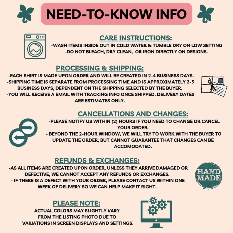 Informational graphic with care instructions, processing and shipping details, cancellations and changes policy, refunds and exchanges policy, and a 'Hand Made' label.