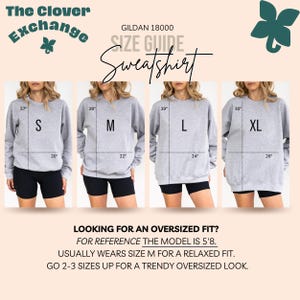 Size guide for a gray sweatshirt with measurements and model wearing the sweatshirt.