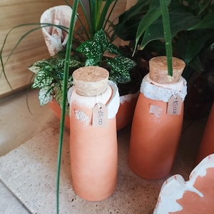 Może przedstawiać: Dwie ceramiczne butelki w kolorze terakoty z korkowymi zatyczkami i małymi etykietami. Butelki są cylindryczne z lekko zaokrągloną podstawą. Etykiety są białe z czarnym tekstem. Butelki są wystawione z zielonymi roślinami w tle.