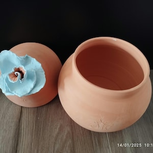 Peut inclure: Un pot en terre cuite avec un couvercle, décoré d'une fleur bleu clair. Le pot est de couleur orange clair et a une forme ronde et lisse.
