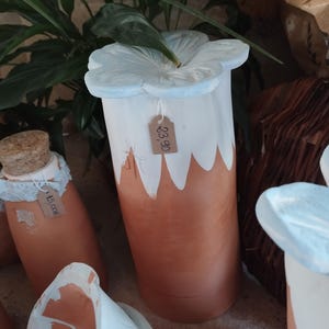 Può includere: Un vaso cilindrico in terracotta con un design floreale bianco e azzurro. Il vaso ha un coperchio a forma di fiore e un cartellino del prezzo attaccato. Altri vasi in terracotta sono visibili sullo sfondo.