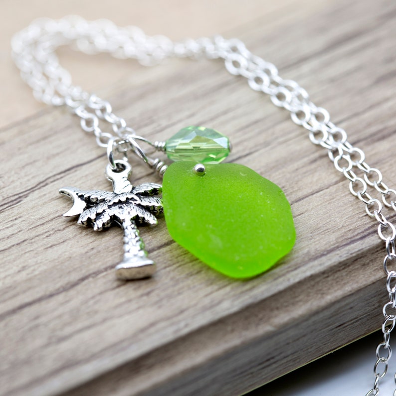 Upcycled Summertime Green Crystal Charm Rare Lime Green Seaglass Pendant Necklace with Palm Tree Charm Eco Friendly Beachy