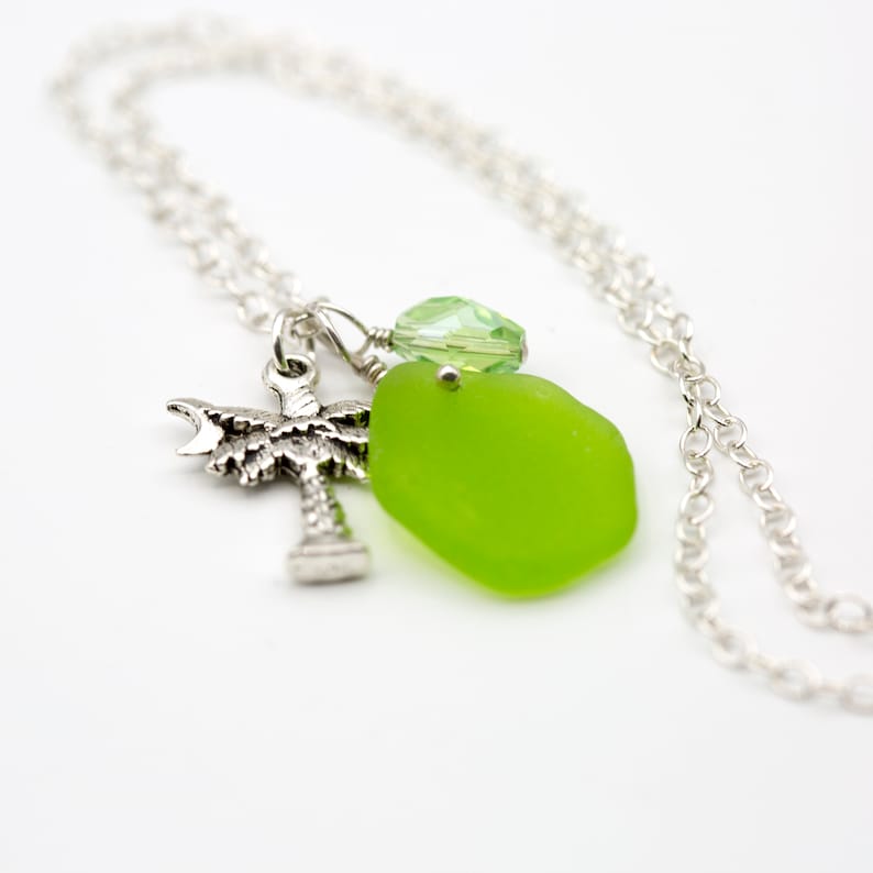 Upcycled Summertime Green Crystal Charm Rare Lime Green Seaglass Pendant Necklace with Palm Tree Charm Eco Friendly Beachy