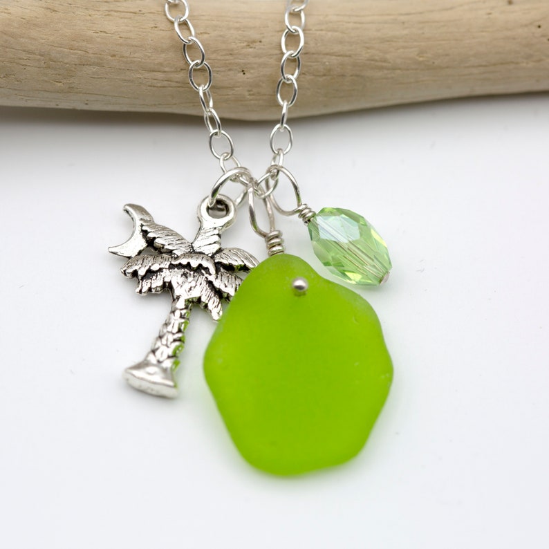 Upcycled Summertime Green Crystal Charm Rare Lime Green Seaglass Pendant Necklace with Palm Tree Charm Eco Friendly Beachy