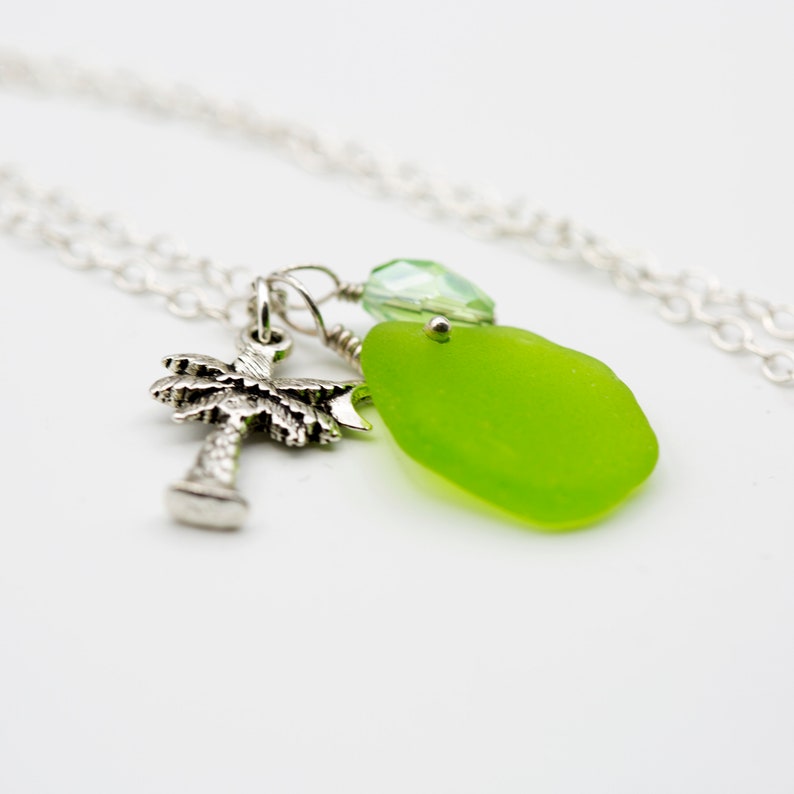 Upcycled Summertime Green Crystal Charm Rare Lime Green Seaglass Pendant Necklace with Palm Tree Charm Eco Friendly Beachy