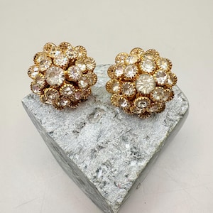 Vintage Freirich Rhinestone Clip-On Earrings: Gold Tone Floral Costume Jewelry