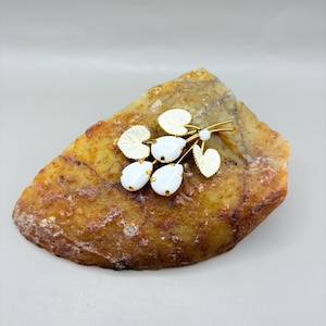 Vintage Austrian Milk Glass Brooch - White Glass Pears & Enamel Leaves - Gold Tone Floral Pin - Mid-Century Jewelry