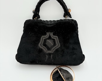 Vintage Cesare Piccini Schwarze Samt Handtasche: Bestickte Abendtasche, Made in Italy