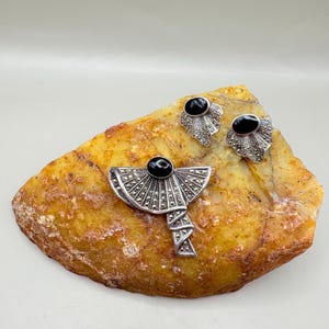 Vintage Marcasite Art Deco Style Silver Brooch and Earrings Set | Black Onyx & Marcasite Fan Design | Vintage Statement Jewelry