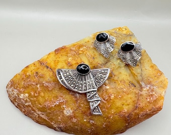 Vintage Marcasite Brooch and Earrings Set: Art Deco Fan Design