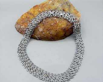 Vintage Monet Sonata Necklace: Silver Tone Filigree Collar, 1960s Mid-Century Jewelry