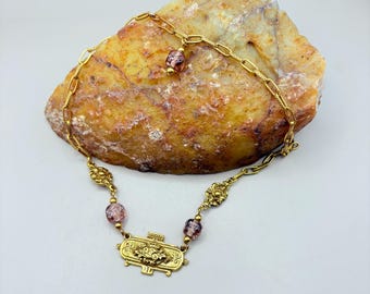 Vintage Byzantine Gold-Tone Pendant Necklace: Pink Murano Glass, Regal Statement