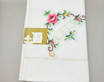 ヴィンテージ手刺繍花柄テーブルクロス：ホワイトコットン、28.4インチ