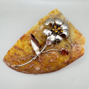 Vintage Jolle Sterling Silver Flower Brooch - Amber Rhinestones - 1940s Statement Jewelry - 4” Floral Design