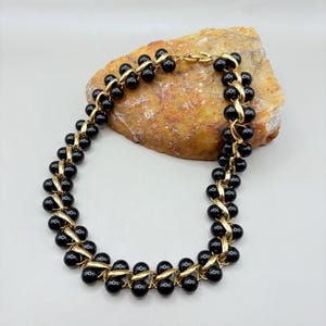 Vintage Monet Black Bead & Gold-Tone Necklace, 80s Statement Jewelry, Signed Chunky Chain, Retro Elegant Fashion, 16” Choker