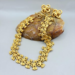 Vintage Anne Klein Signed Etruscan Scroll Choker Necklace & Earrings Set | 1980s Greek Revival Matte Gold-Tone Chunky Statement Jewelry