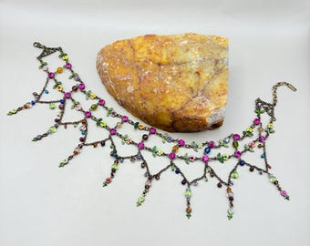 Vintage DKNY Choker: Floral Enamel Crystal Statement Necklace