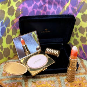 Rare Vintage L’Oréal Make up Metallic Gold Ribbed set Pressed Powder Lipstick Silverspun Original Velvet Gift Box Made in USA circa 1960’s