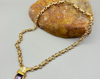 Vintage Elizabeth Taylor Style Gold Necklace: Red Glass Pendant, Crystal Accent