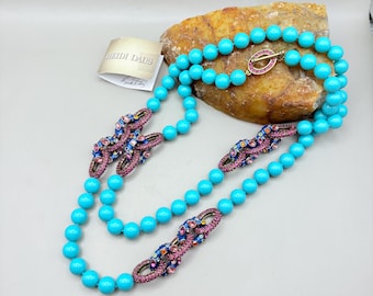 Collana Heidi Daus Elegante A Goccia Con Cristalli Swarovski Azzurri E Perle - Nuova Con Etichette