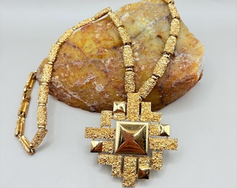 Vintage Monet Gold-Tone Necklace Brooch Set: Elda Krecic Geometric Design
