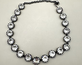 Vintage  Large Round Clear Rhinestone Choker Black Tone metal