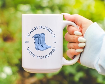 Camina humildemente con tu Dios Miqueas 6:8 Taza de café cristiana Vaquera Fe occidental Regalo para mujer cristiana