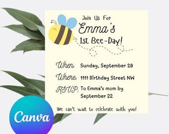 Cute Bee Themed First Birthday Invitation - Bee-day, Editable Canva Template, Instant Download