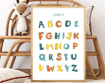 Póster del alfabeto y los números de dinosaurios: Decoración Montessori para guardería (Descarga digital)